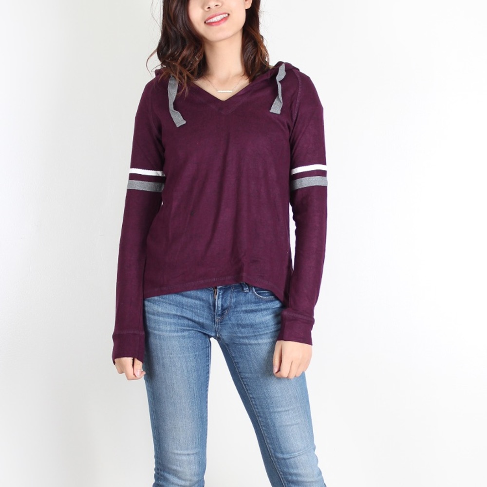 last 5! Dark Burgundy Stripe Sleeve V-Neck Hoodie